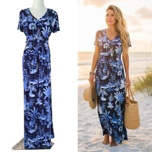 TORI RICHARD Blue Tropical Print Maxi Dress Large Open Back Short Sleeve Jersey